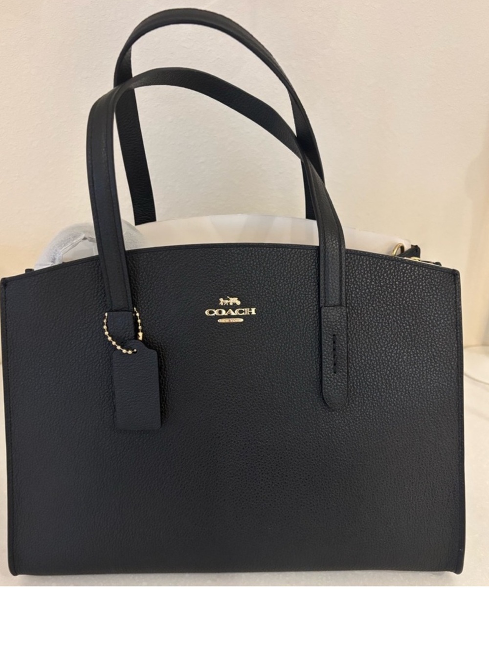 Coach Black Carryall Charlie Pebble Leather Tote with Gold Logo